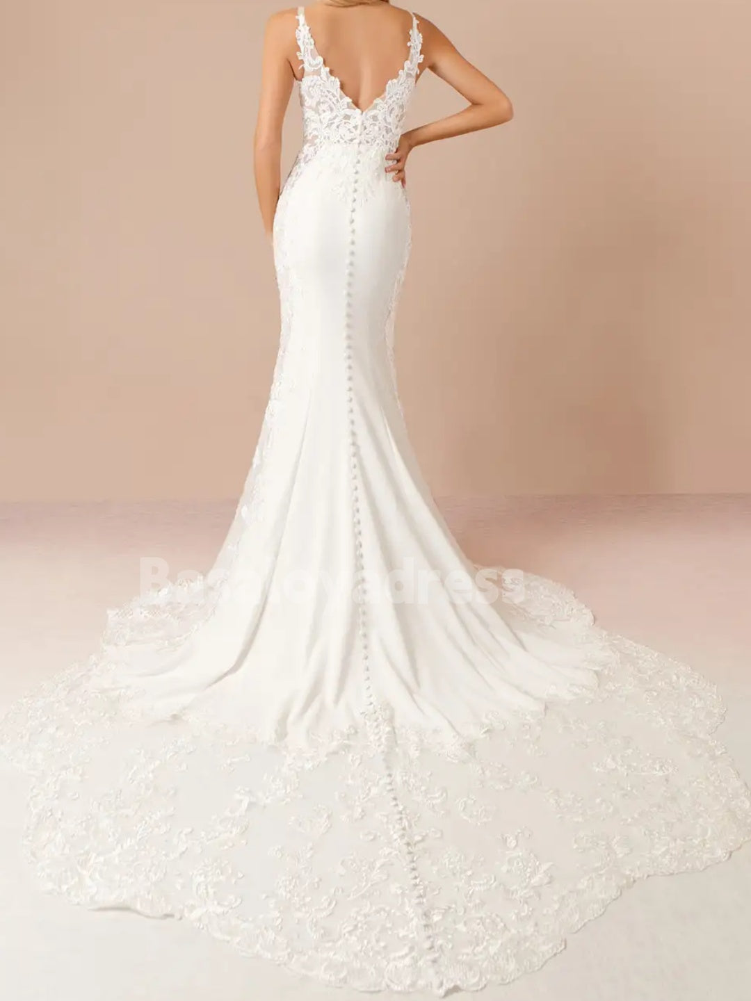 BWD00050  V-neck Sleeveless Lace Applique Illusion Bodice Mermaid Stretch Crepe Wedding Dress with Train