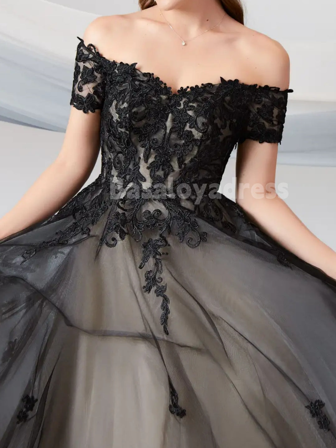 BWD00051 Black Champagne Off the Shoulder Tulle Ball Gown Gothic A-Line Sweetheart Wedding Dress