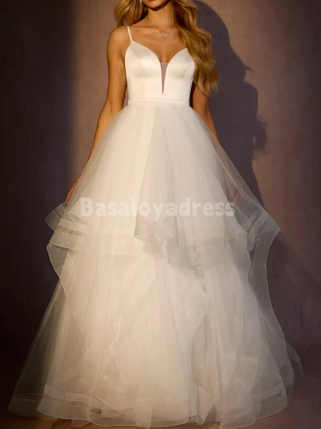 BWD00059 Princess Spaghetti Strap V-neck Ball-Gown Ruched Satin Tulle Wedding Dress