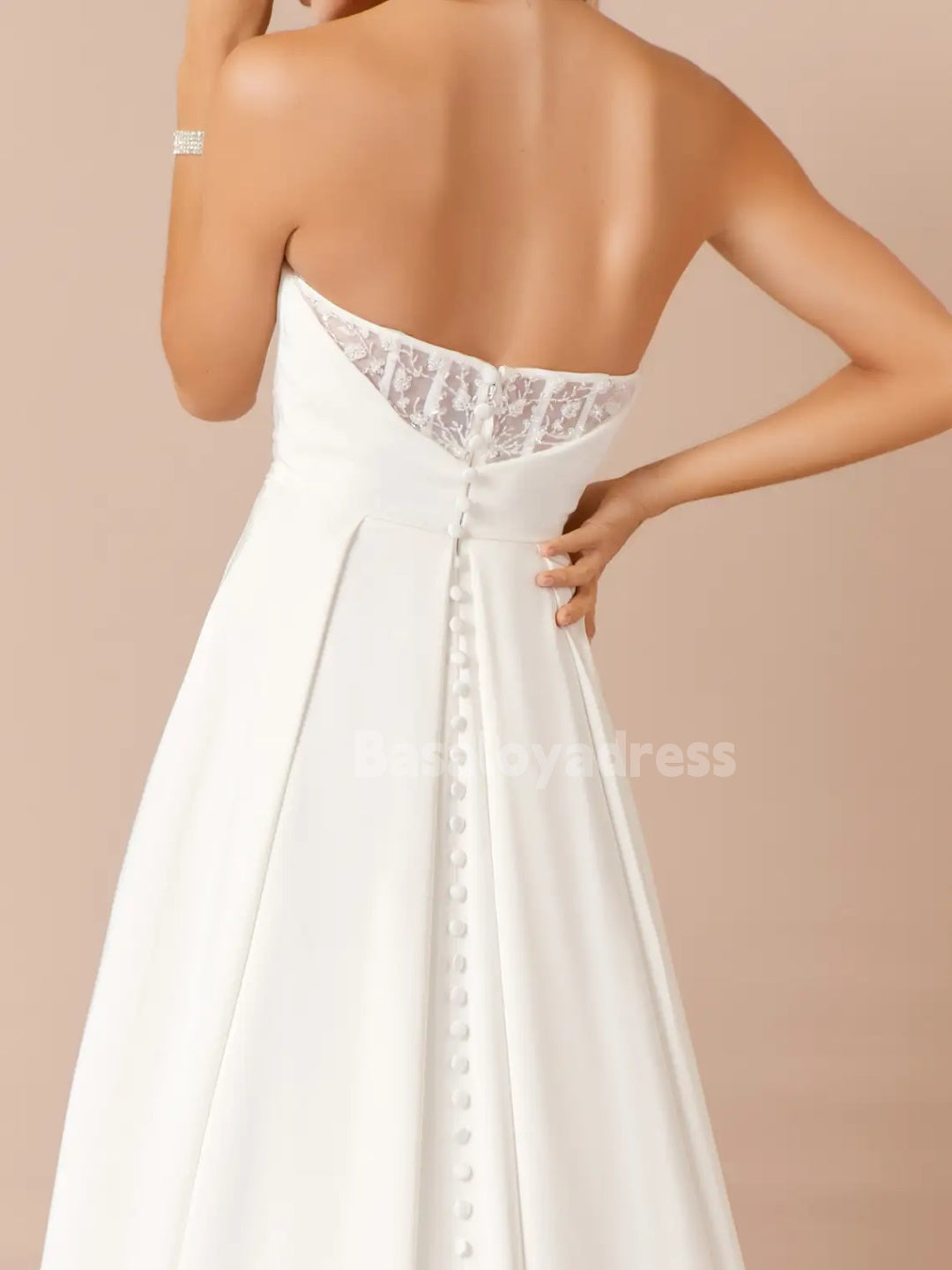 BWD00048 A-Line Crepe Back Lace Applique Dress with Detachable Spaghetti Straps and High Slit