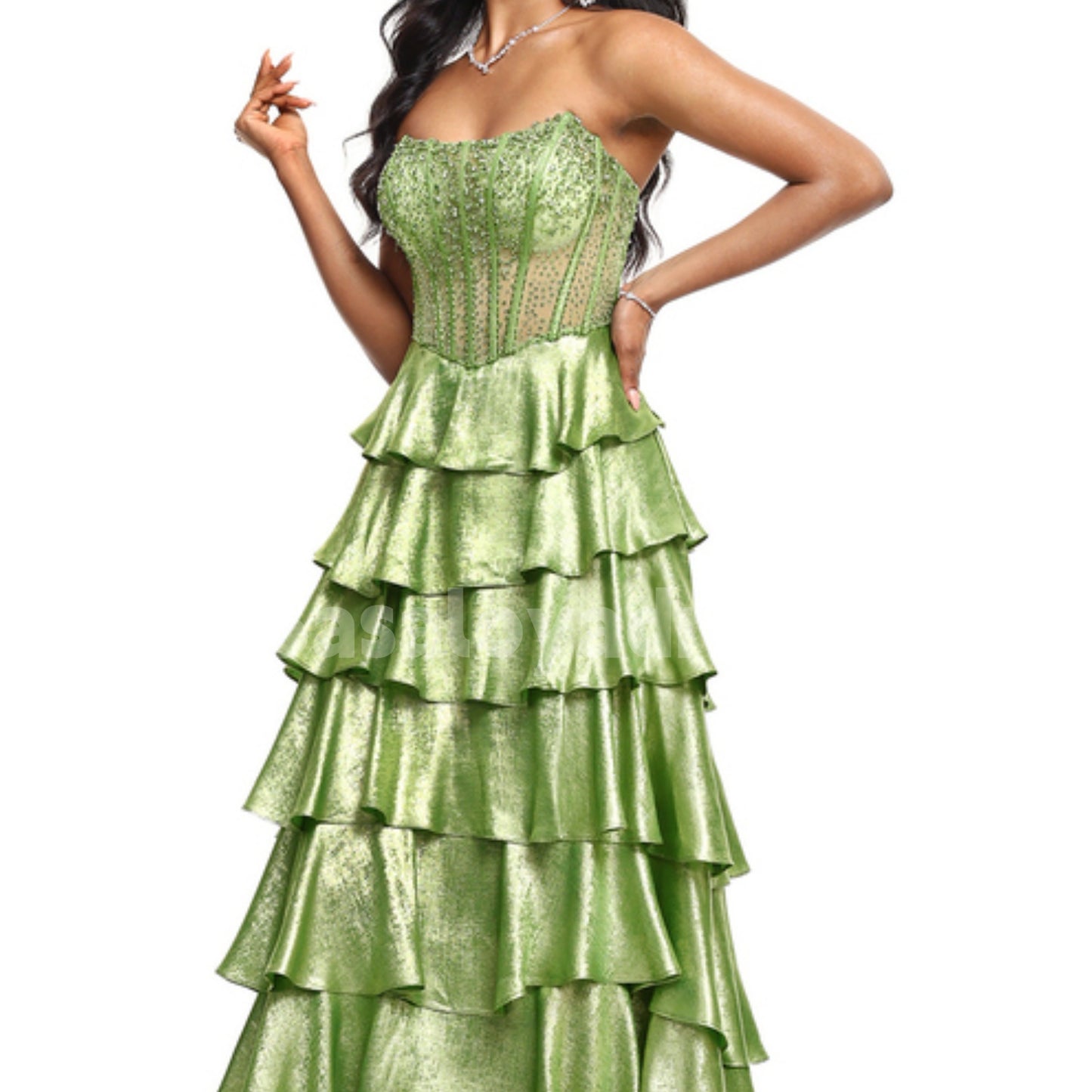 BDES00043 Green A-line Scoop Sweep Train Metallic Prom Dresses With Rhinestone Beading