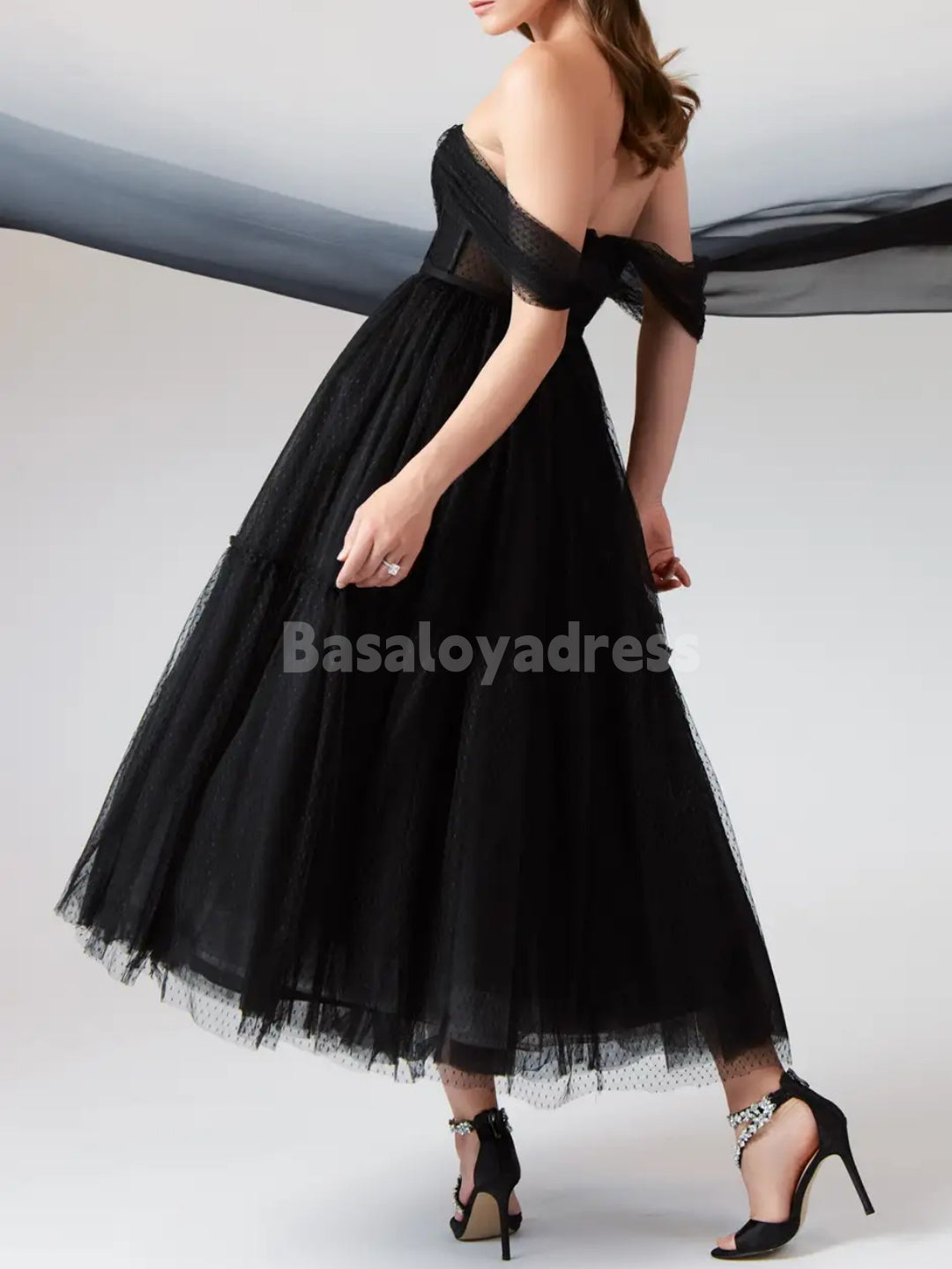 BWD00053 Gothic Black A-Line Off-The-Shouler Wedding Dress Tulle Tiered Madi Dress