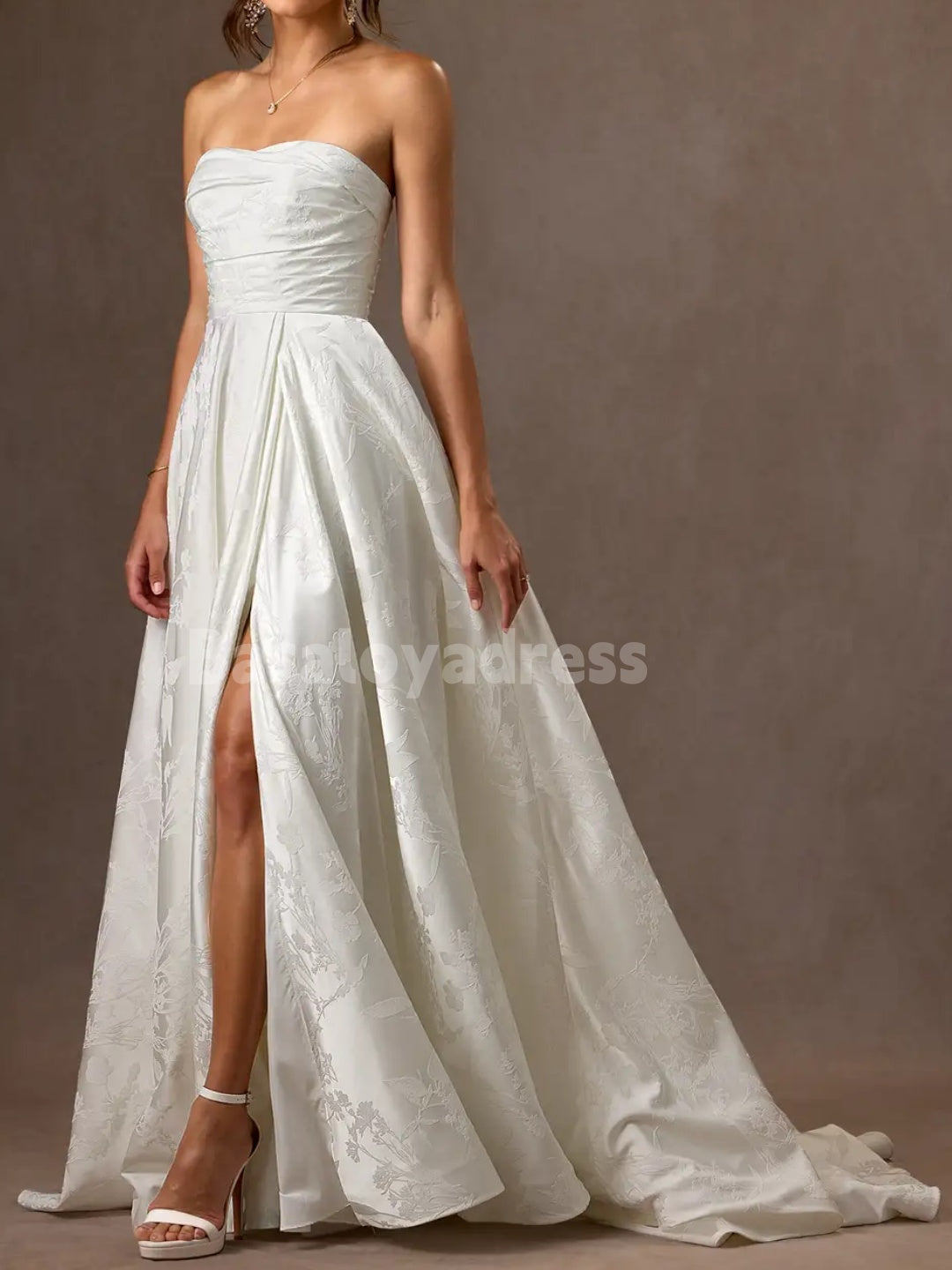 BWD00046 A-Line Strapless Floral Jacquard Pleated Floor-Length Wedding Dress with High Slit
