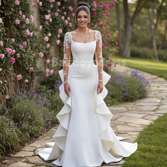 BWD00033 Satin Mermaid Wedding Dress With Long Sleeve and Lace Appliques Ruffle Train Wedding Gown