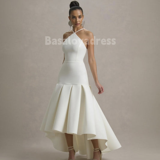 BDES00114 Light Beige Halter Neck Spaghetti Strap High-Low Maxi Dress with Pleats
