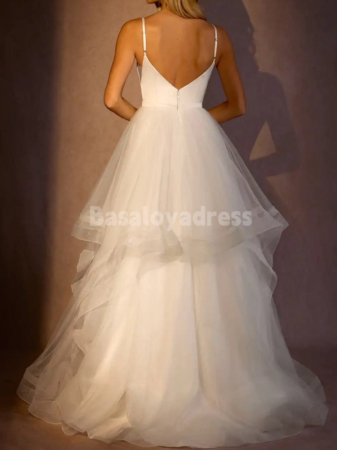 BWD00059 Princess Spaghetti Strap V-neck Ball-Gown Ruched Satin Tulle Wedding Dress