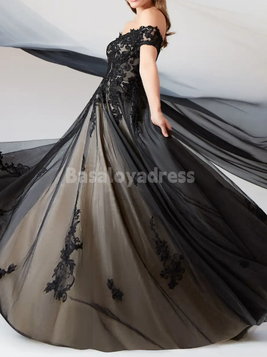 BWD00051 Black Champagne Off the Shoulder Tulle Ball Gown Gothic A-Line Sweetheart Wedding Dress