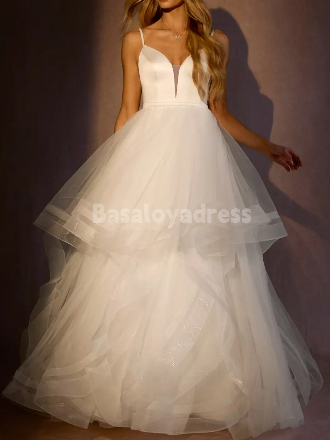 BWD00059 Princess Spaghetti Strap V-neck Ball-Gown Ruched Satin Tulle Wedding Dress