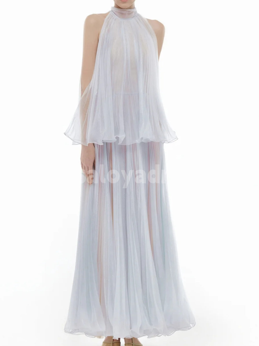 BDES00111 Elegant Tulle Maxi Dress High Neck Sleeveless Formal Party Dress A line Long Tiered Evening Dress  Customized