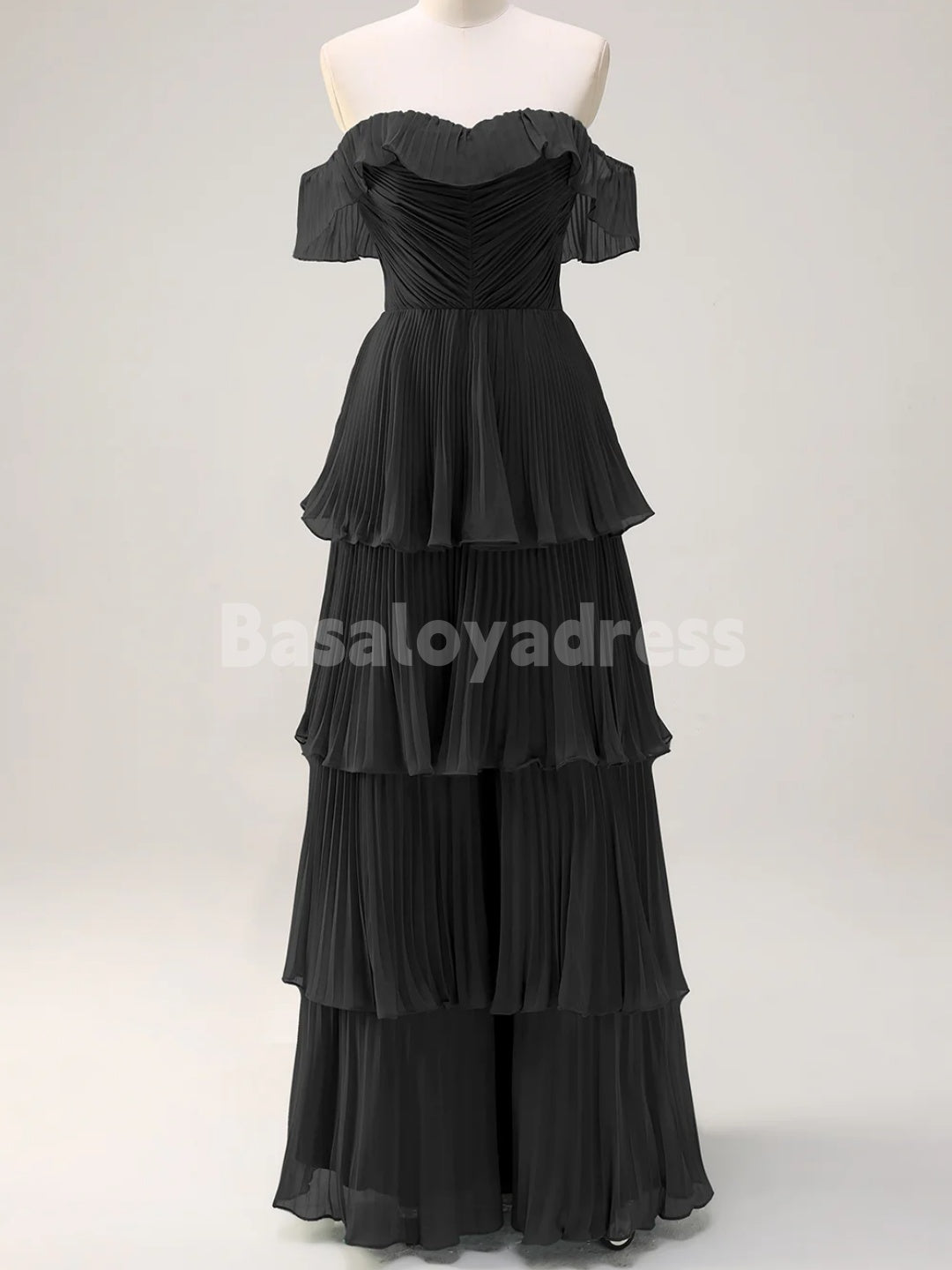 BDES00135 A Line Off the Shoulder Tiered Maxi Prom Dress Pleated Bridesmaid Dress
