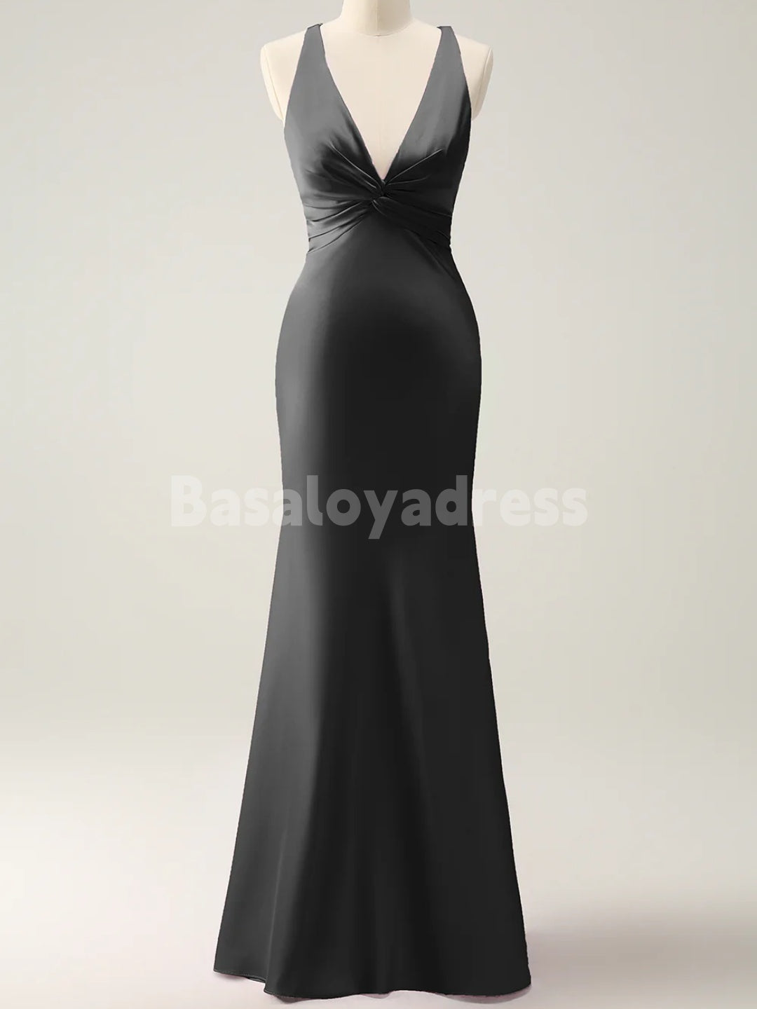 BDES00103 Pink Mermaid Deep V Neck Satin Ruched Long Bridesmaid Dress with Lace Up Back