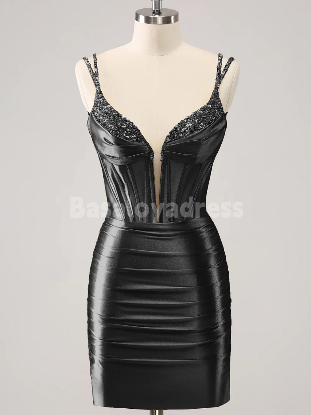BSD00055 Golden Deep V-Neck Corset Bodycon Mini Dress with Spaghetti Straps with Sequins