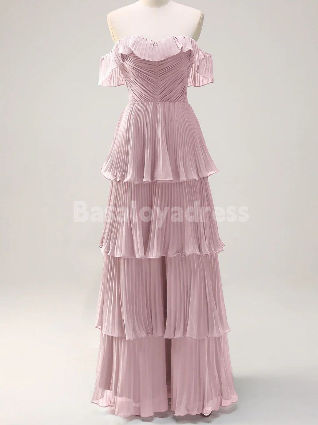 BDES00135 A Line Off the Shoulder Tiered Maxi Prom Dress Pleated Bridesmaid Dress