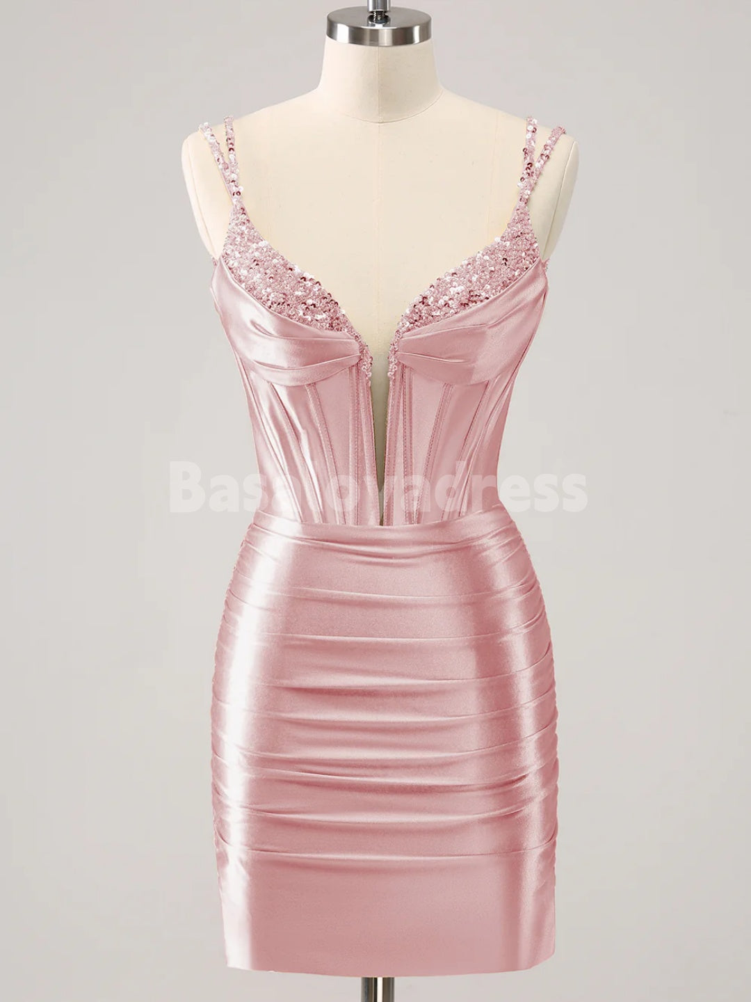 BSD00055 Golden Deep V-Neck Corset Bodycon Mini Dress with Spaghetti Straps with Sequins