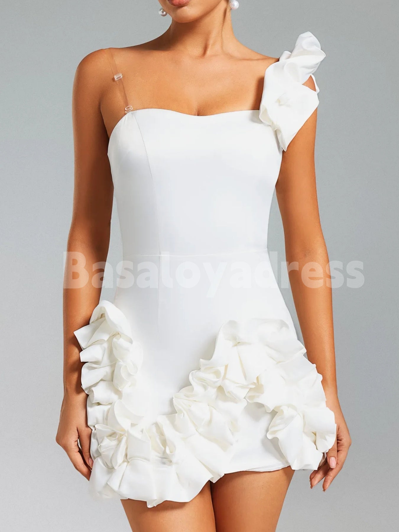 BSD00042 One Shoulder Satin Mini Dress Homecoming Dresses Short Ruffles Prom Cocktail Evening Party Dress