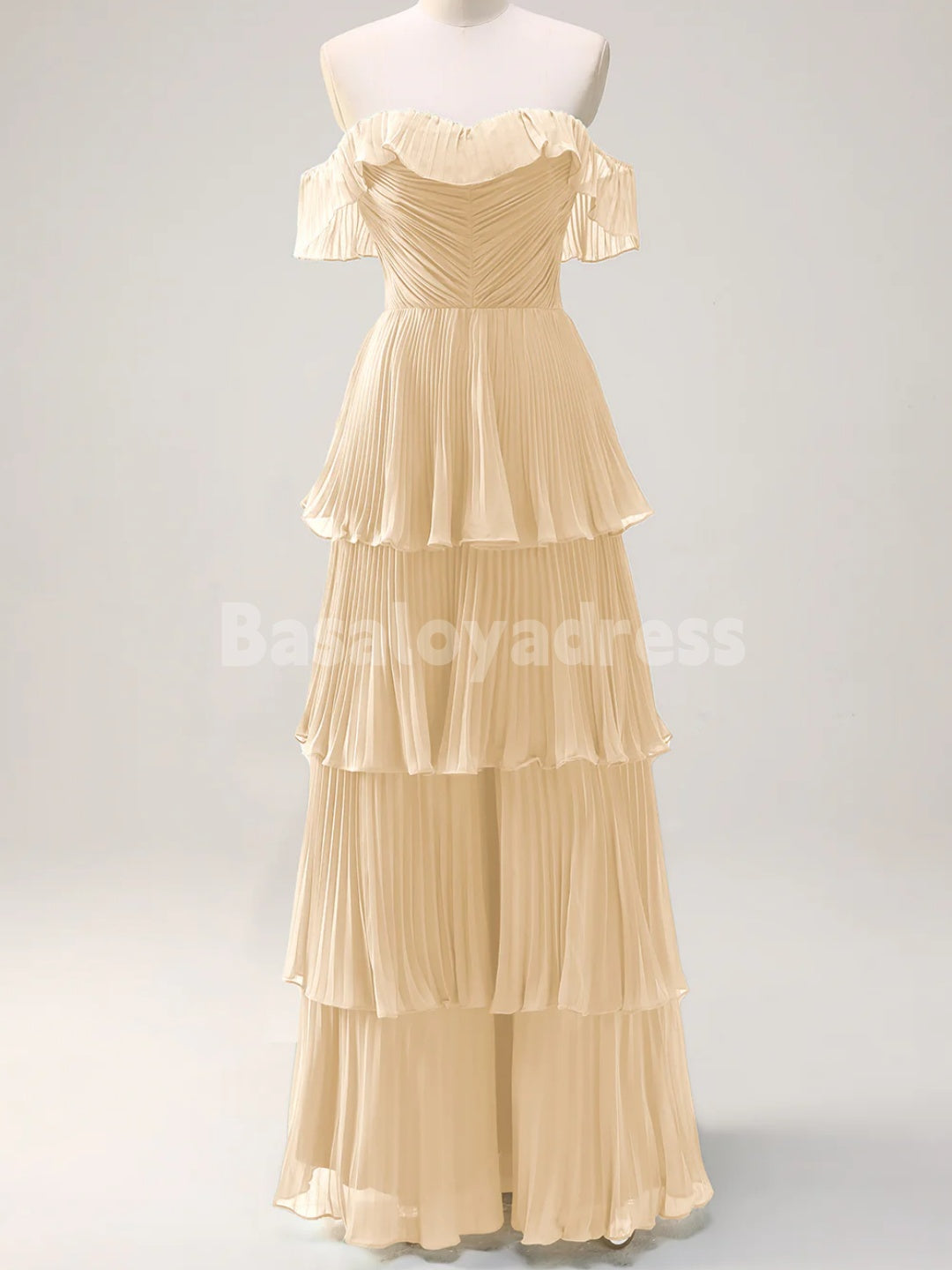 BDES00135 A Line Off the Shoulder Tiered Maxi Prom Dress Pleated Bridesmaid Dress