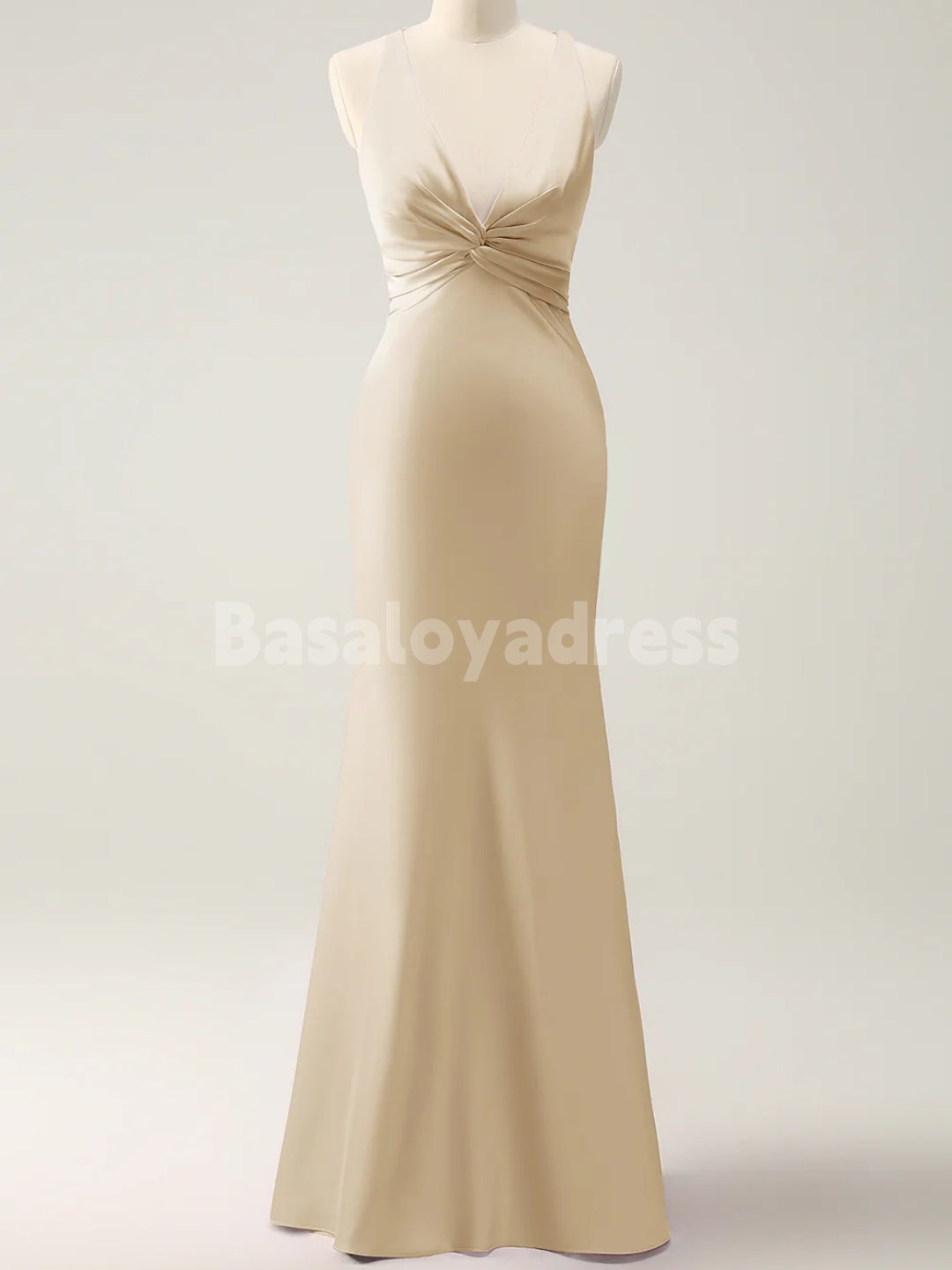 BDES00103 Pink Mermaid Deep V Neck Satin Ruched Long Bridesmaid Dress with Lace Up Back
