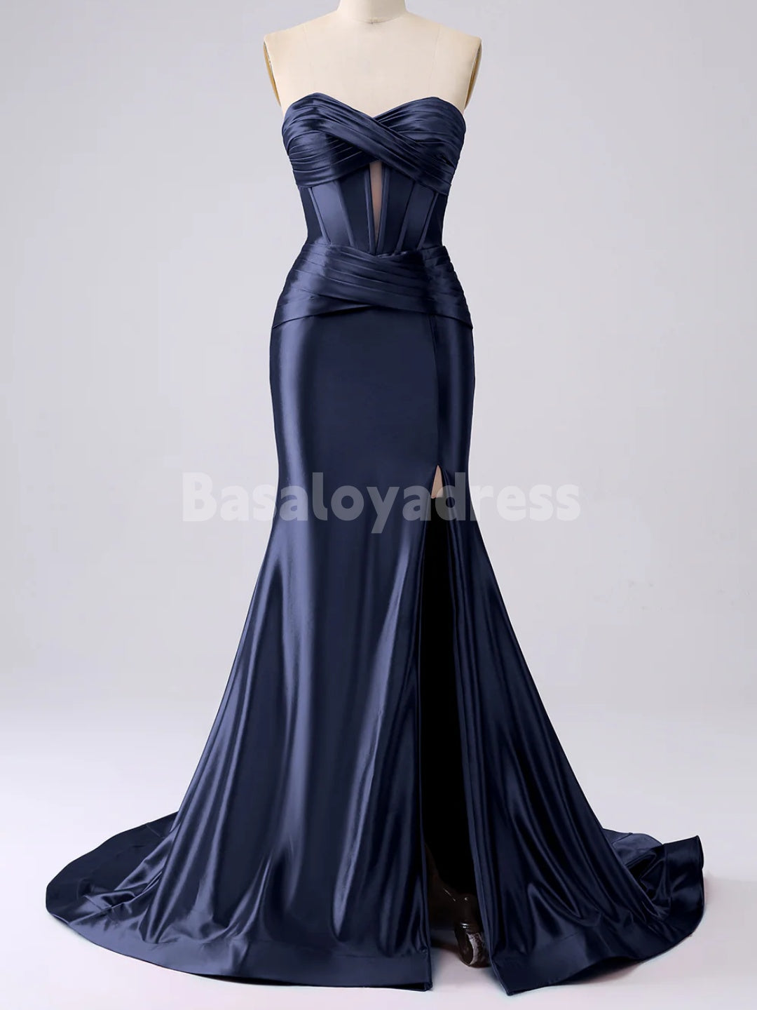 BDES00136 Strapless Cut Out Long Prom Dress Ruched Satin Formal Evening Gown with Slit