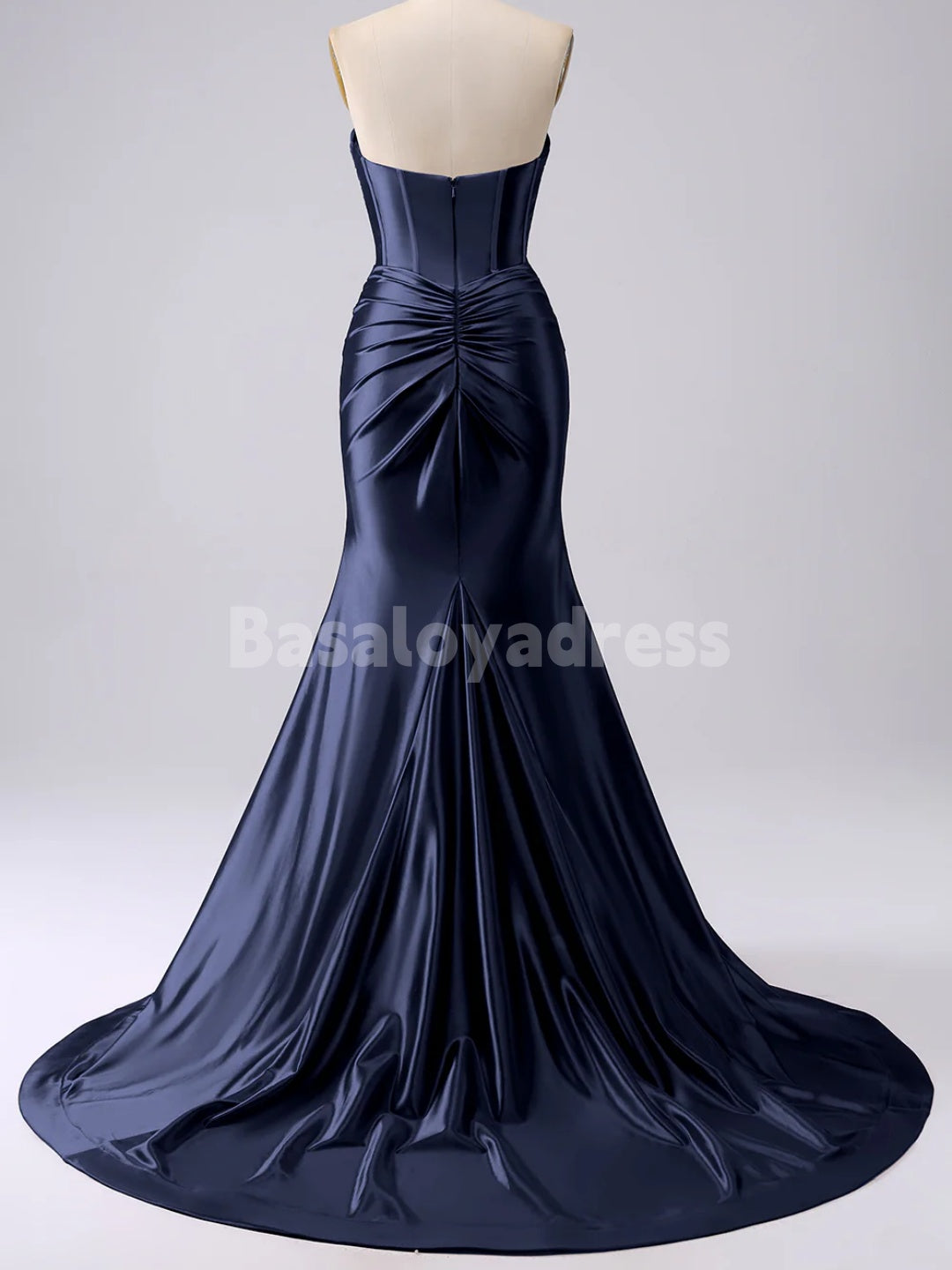 BDES00136 Strapless Cut Out Long Prom Dress Ruched Satin Formal Evening Gown with Slit