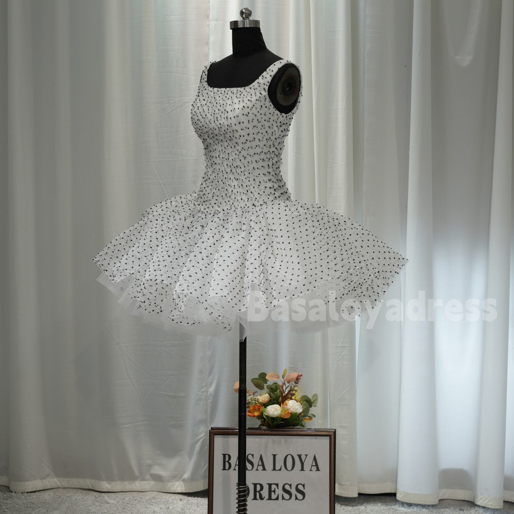 BSD00017 Cute Polka Dot Ballet Tutu with Wide Straps Sexy Polka Dot Print Cocktail Dress Casual Mini Homecoming Dress