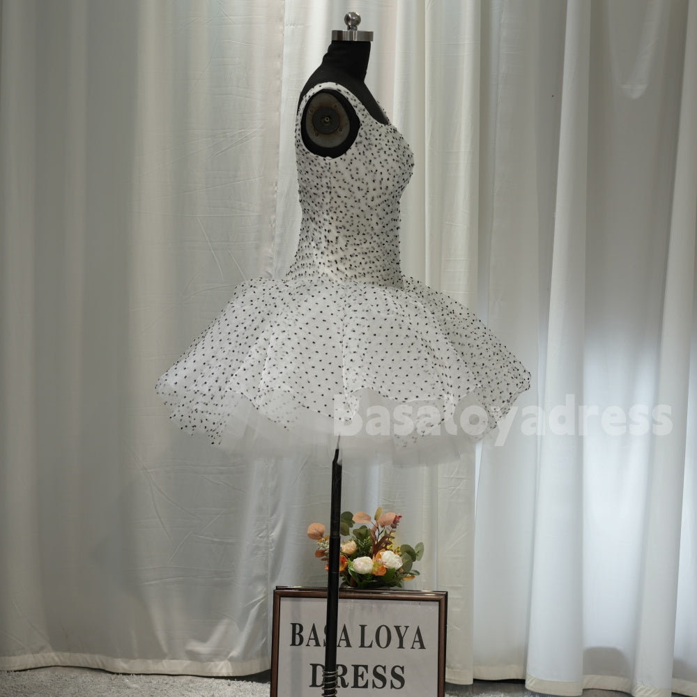 BSD00017 Cute Polka Dot Ballet Tutu with Wide Straps Sexy Polka Dot Print Cocktail Dress Casual Mini Homecoming Dress