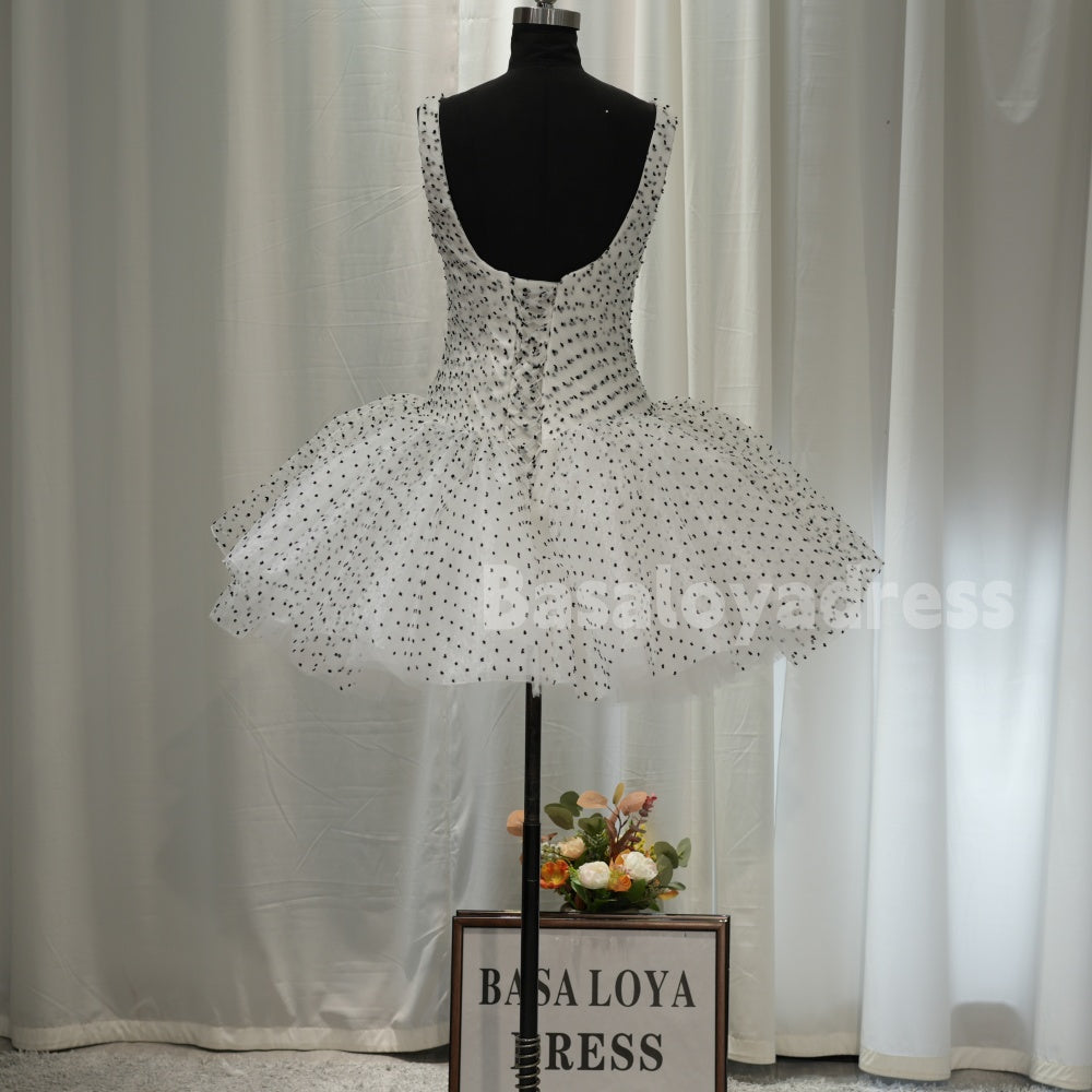 BSD00017 Cute Polka Dot Ballet Tutu with Wide Straps Sexy Polka Dot Print Cocktail Dress Casual Mini Homecoming Dress