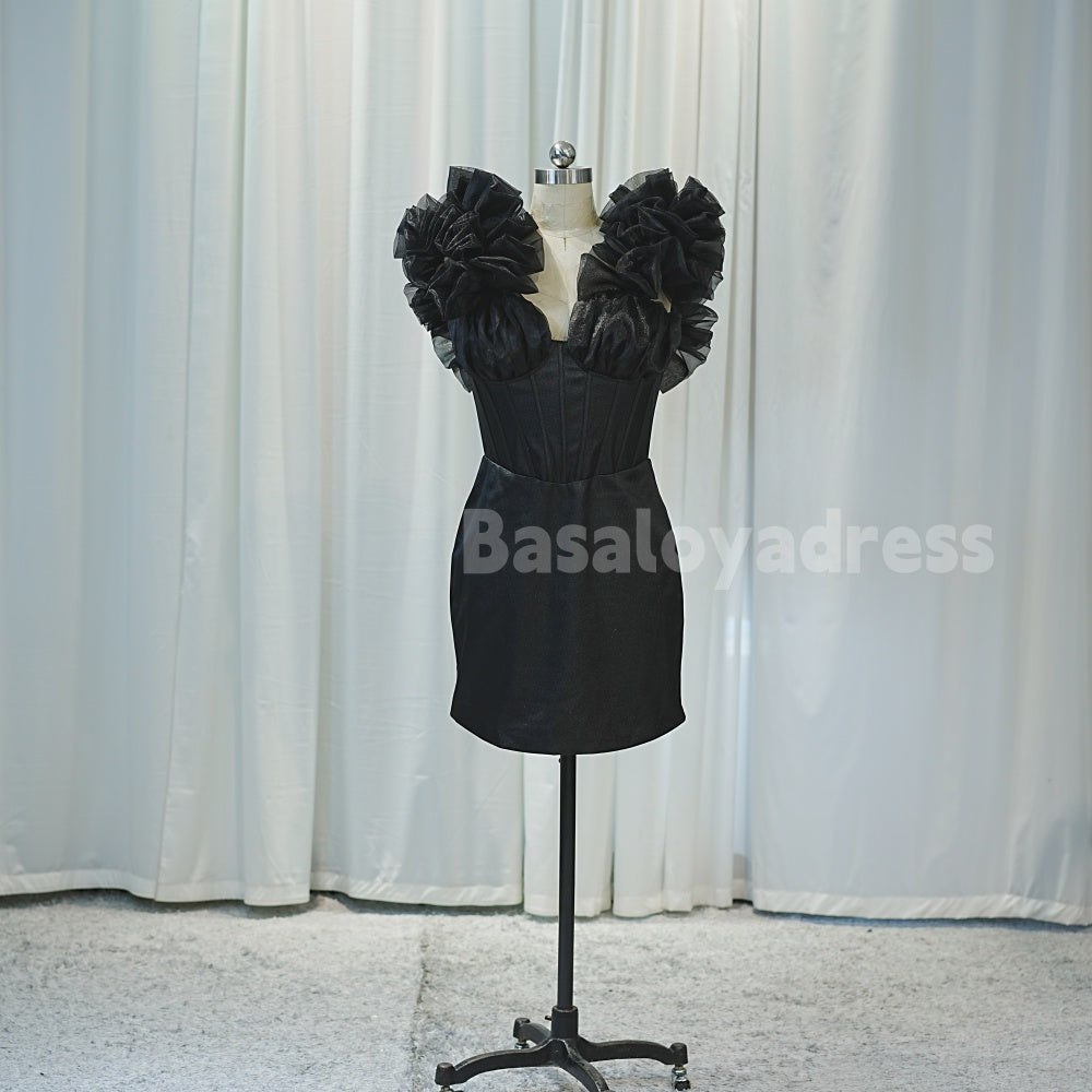 BSD00018 Summer Black Ruffle sleeves Tight Short Dress Cocktail Homecoming Dress