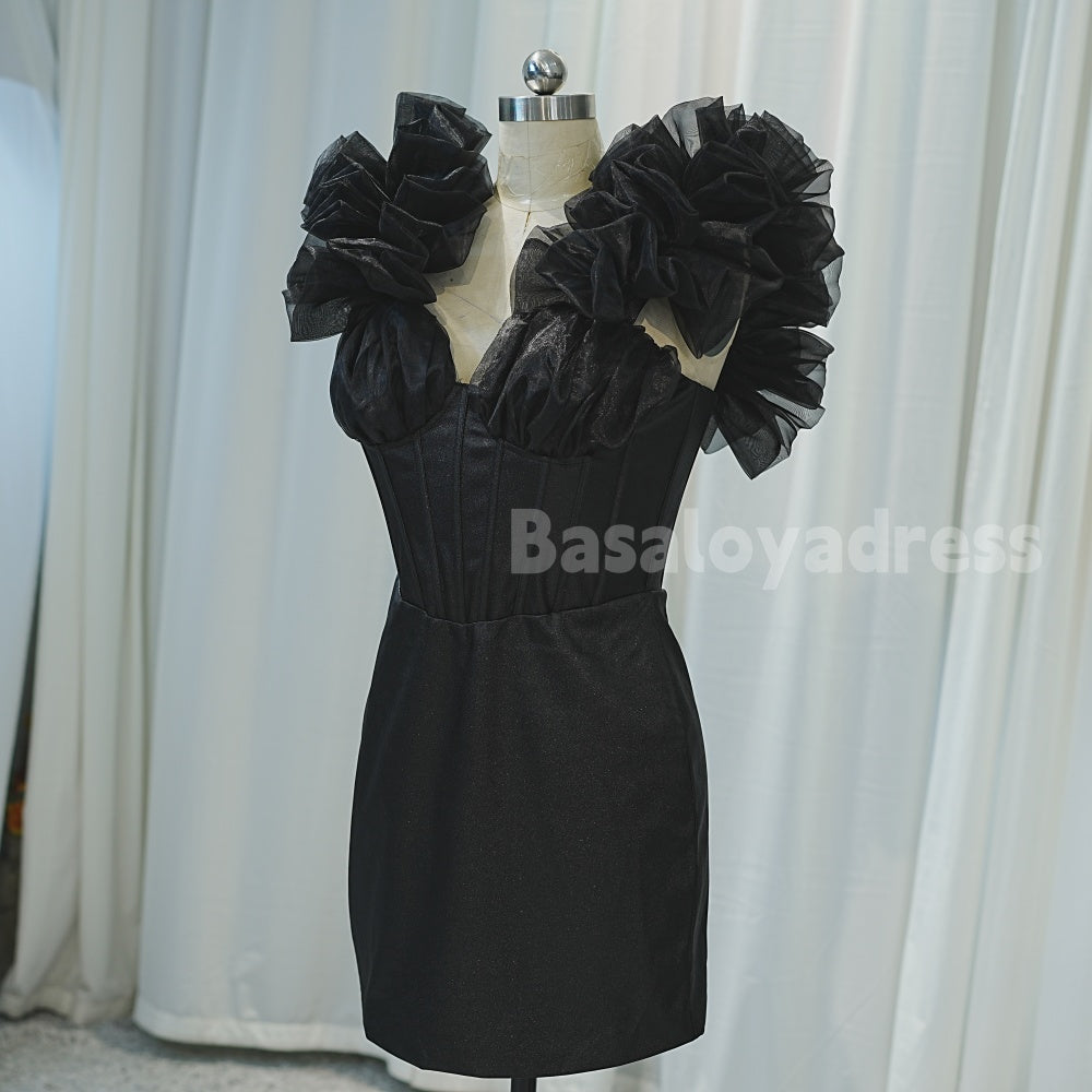 BSD00018 Summer Black Ruffle sleeves Tight Short Dress Cocktail Homecoming Dress