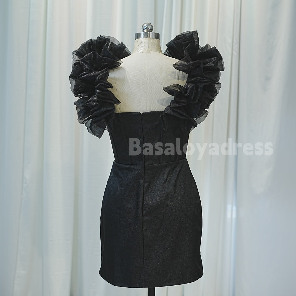 BSD00018 Summer Black Ruffle sleeves Tight Short Dress Cocktail Homecoming Dress