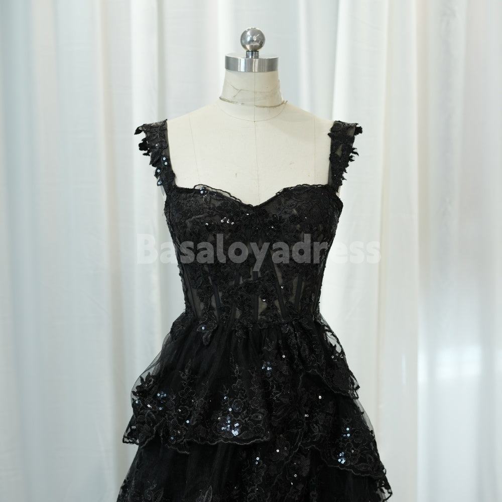 BDES00010 Off Shoulder Black Lace Formal Graduation Evening Dress with High Slit