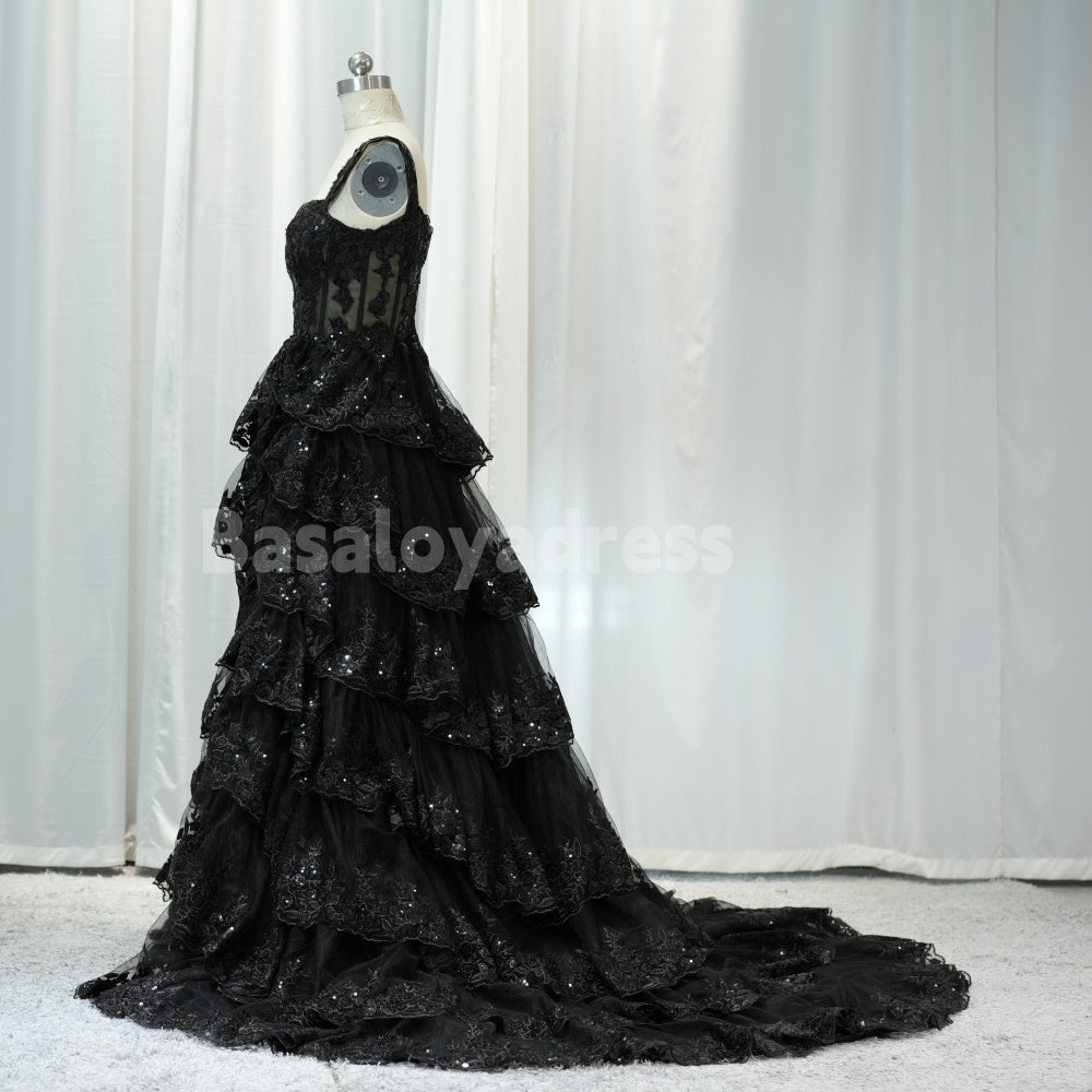 BDES00010 Off Shoulder Black Lace Formal Graduation Evening Dress with High Slit