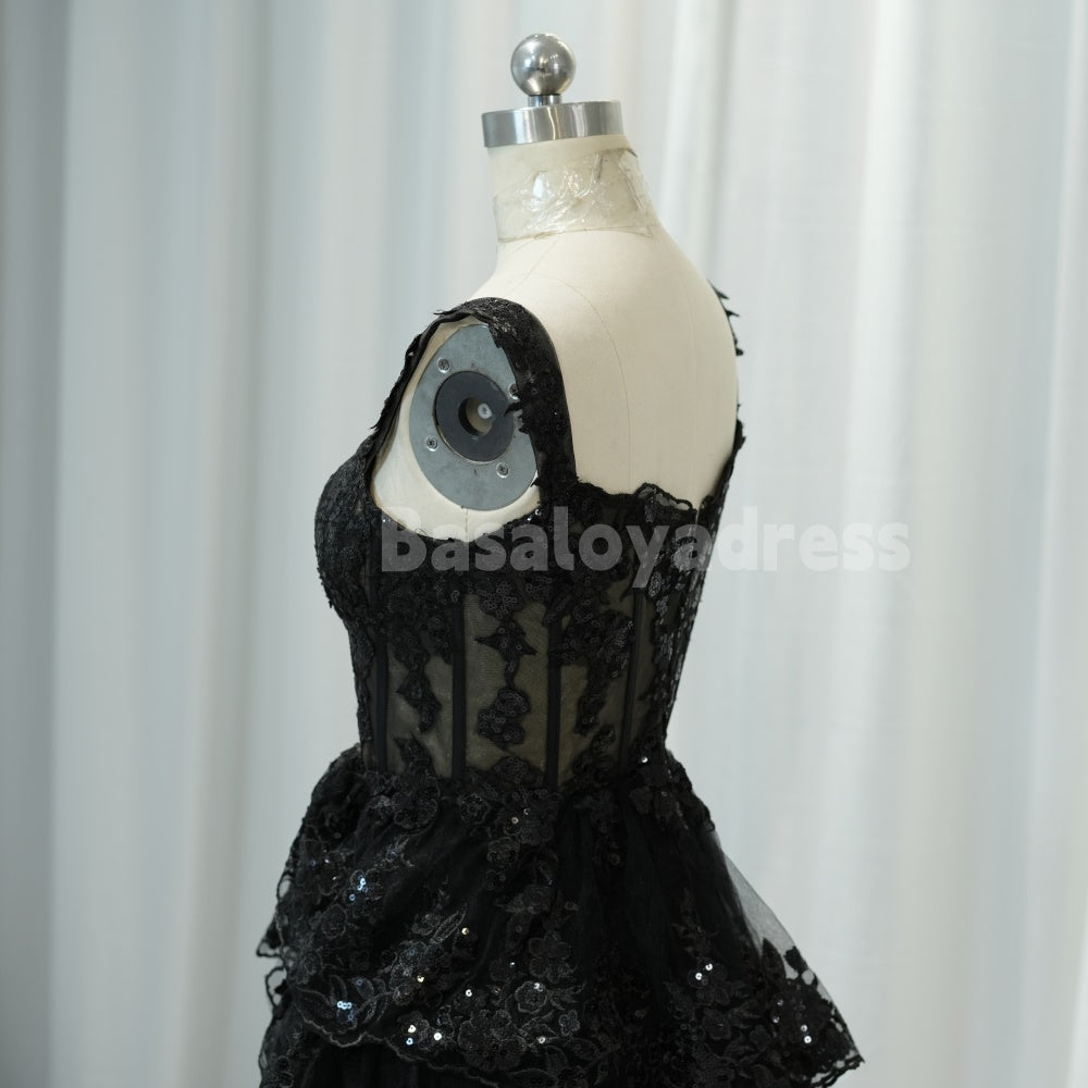 BDES00010 Off Shoulder Black Lace Formal Graduation Evening Dress with High Slit