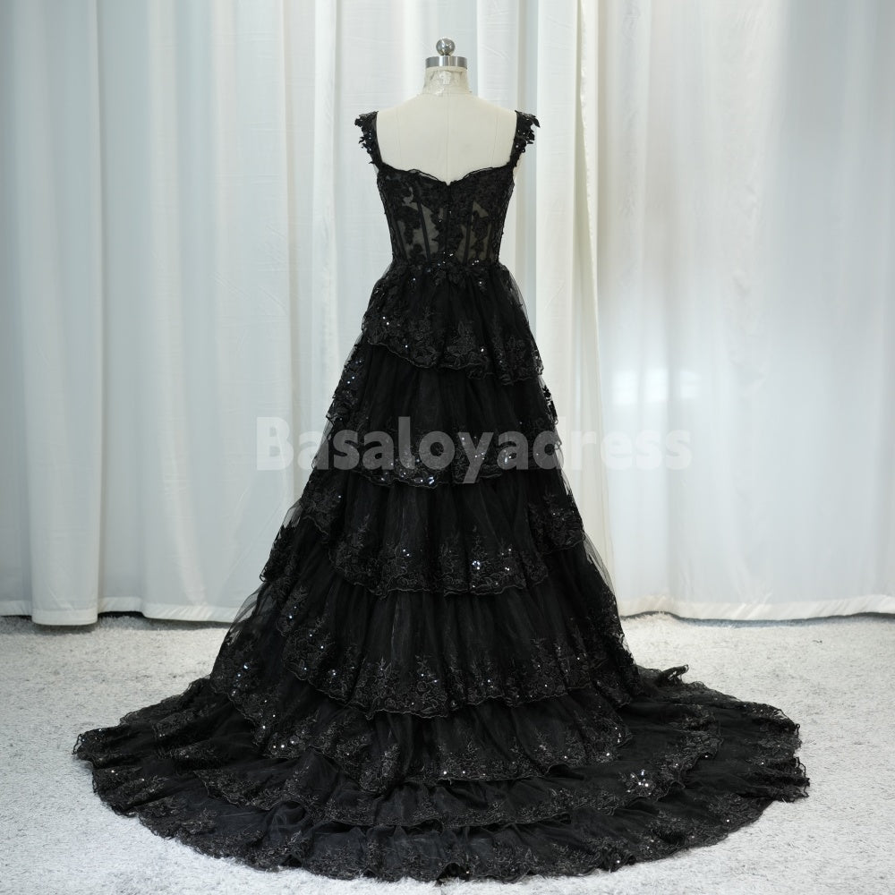 BDES00010 Off Shoulder Black Lace Formal Graduation Evening Dress with High Slit