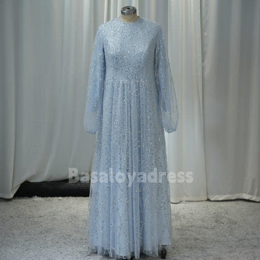 BDES00030 Muslim Formal Sequin Long Sleeve Arabic Evening Dress Elegant A-line Ball Gown Party Dress