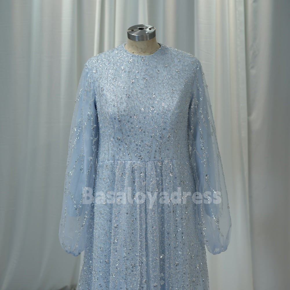 BDES00030 Muslim Formal Sequin Long Sleeve Arabic Evening Dress Elegant A-line Ball Gown Party Dress