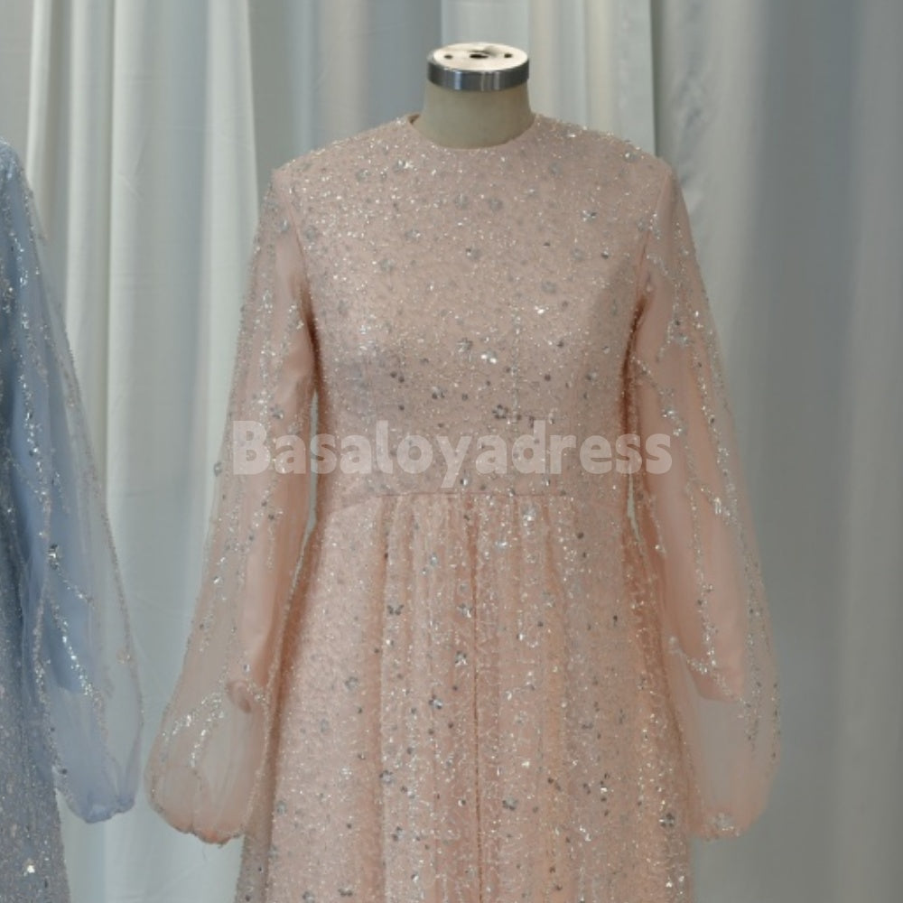 BDES00030 Muslim Formal Sequin Long Sleeve Arabic Evening Dress Elegant A-line Ball Gown Party Dress