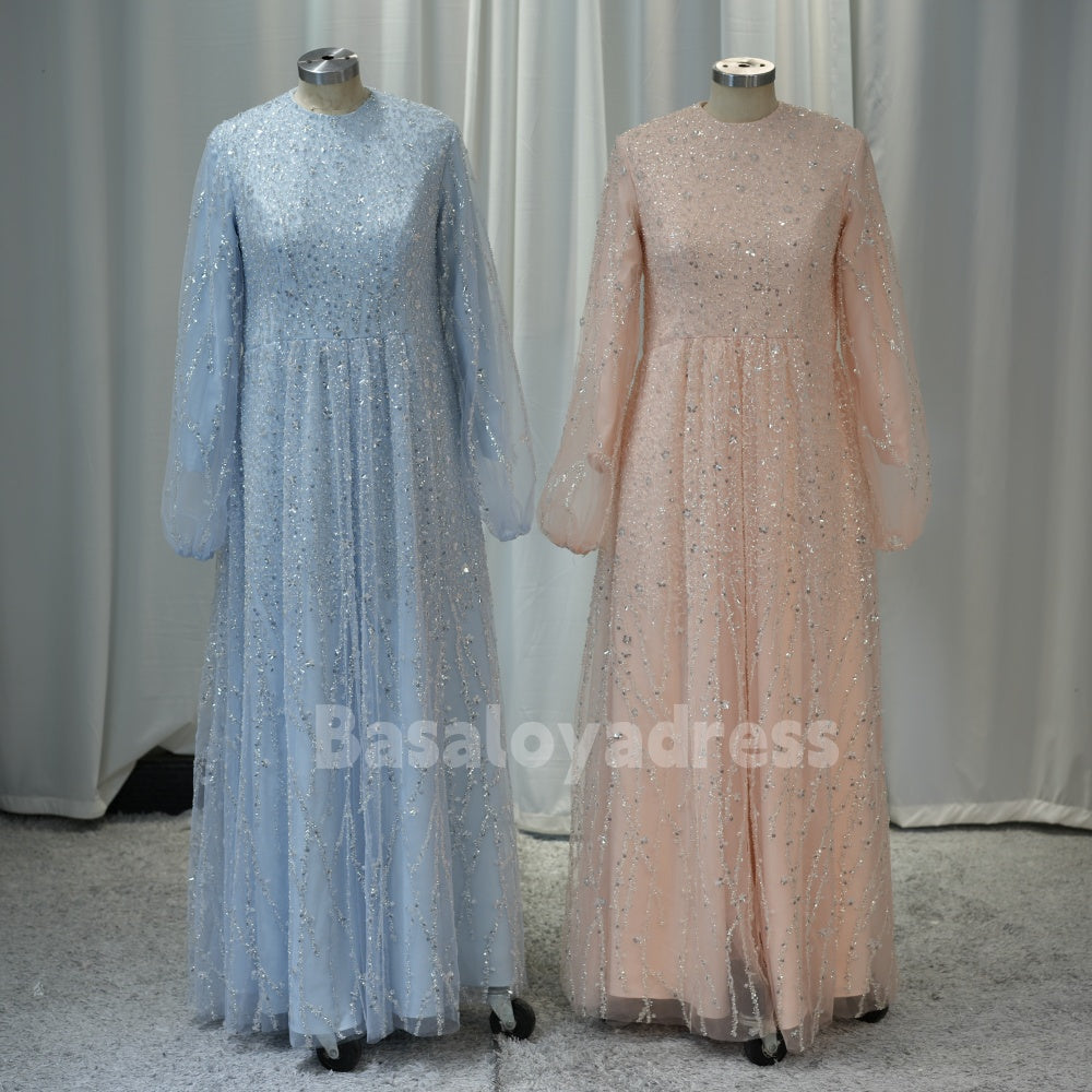 BDES00030 Muslim Formal Sequin Long Sleeve Arabic Evening Dress Elegant A-line Ball Gown Party Dress
