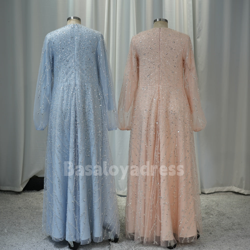 BDES00030 Muslim Formal Sequin Long Sleeve Arabic Evening Dress Elegant A-line Ball Gown Party Dress