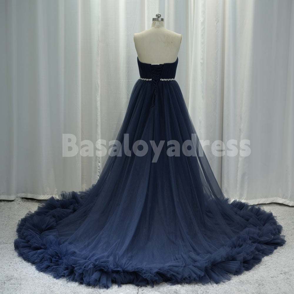 BDES00031 High-Low Navy Layered Tulle Prom Dresses with Voluminous Ruffles