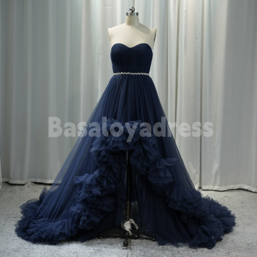 BDES00031 High-Low Navy Layered Tulle Prom Dresses with Voluminous Ruffles
