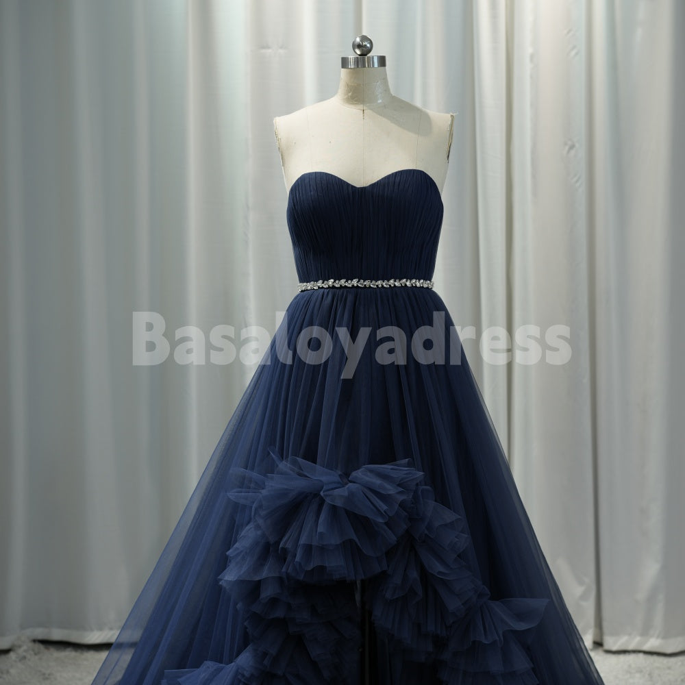 BDES00031 High-Low Navy Layered Tulle Prom Dresses with Voluminous Ruffles