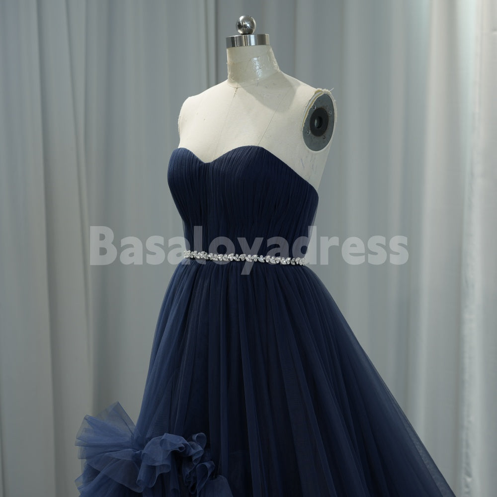 BDES00031 High-Low Navy Layered Tulle Prom Dresses with Voluminous Ruffles