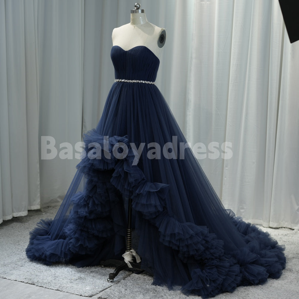 BDES00031 High-Low Navy Layered Tulle Prom Dresses with Voluminous Ruffles