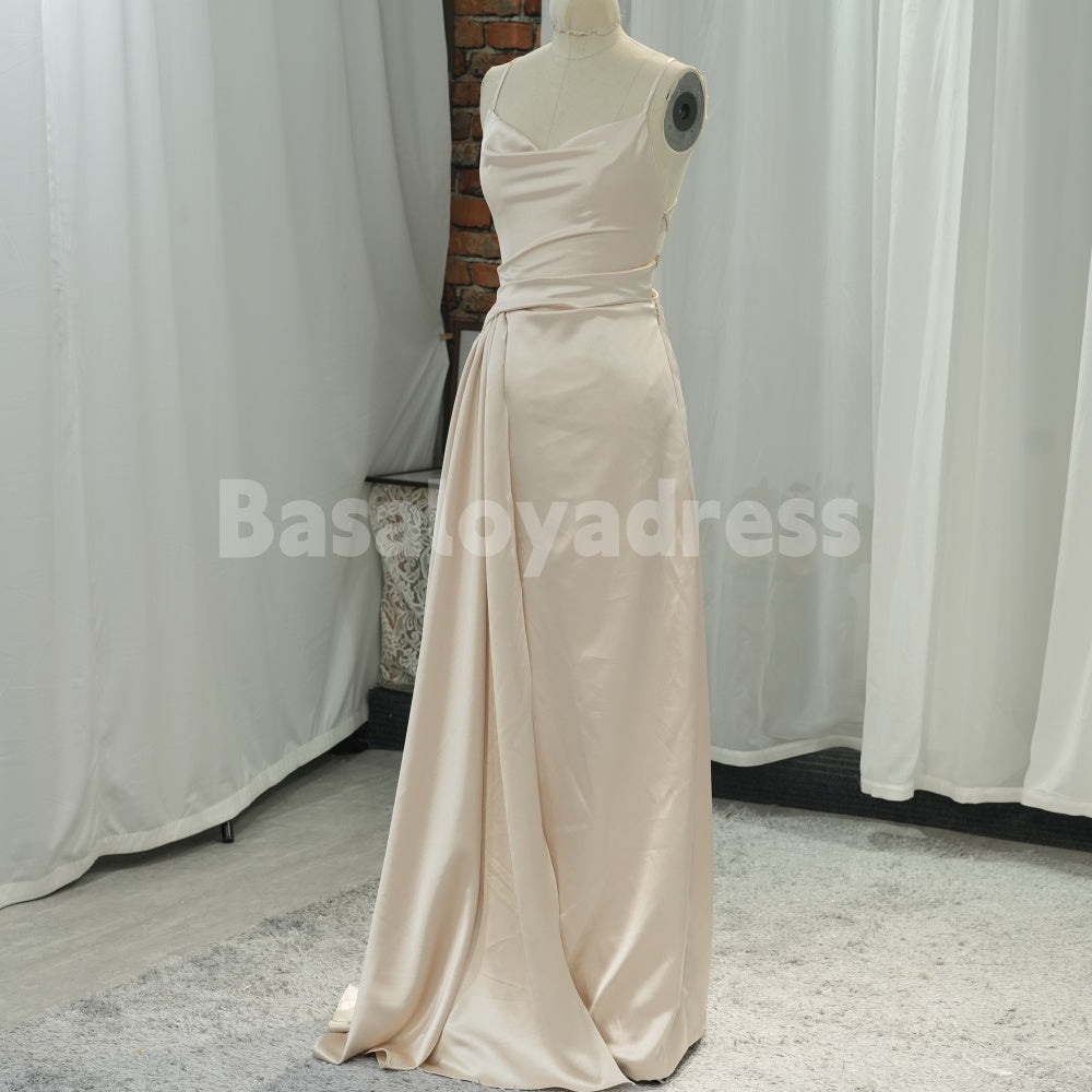 BDES00032 Smooth Draped Satin Spaghetti Strap Gown Backless Prom Dress