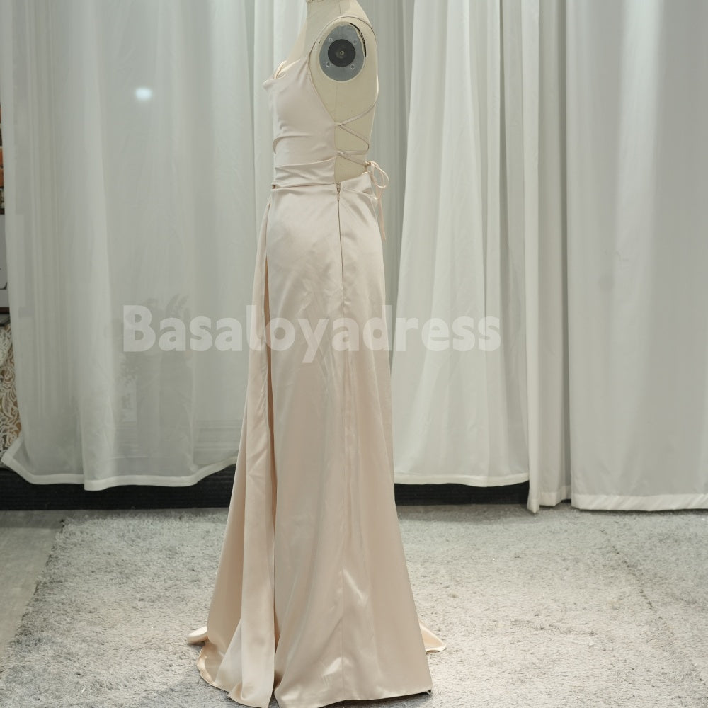 BDES00032 Smooth Draped Satin Spaghetti Strap Gown Backless Prom Dress