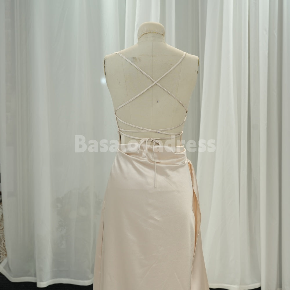 BDES00032 Smooth Draped Satin Spaghetti Strap Gown Backless Prom Dress