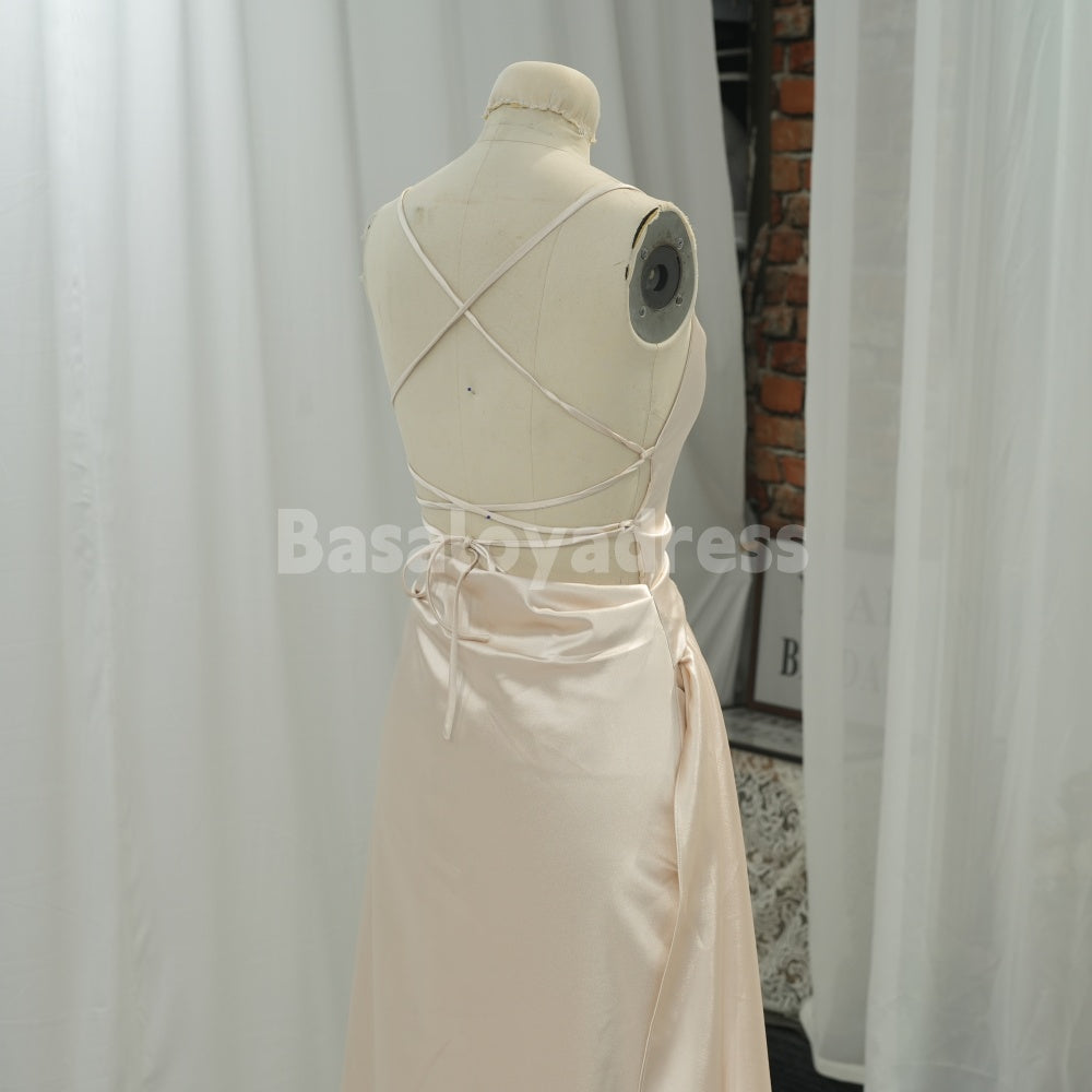 BDES00032 Smooth Draped Satin Spaghetti Strap Gown Backless Prom Dress