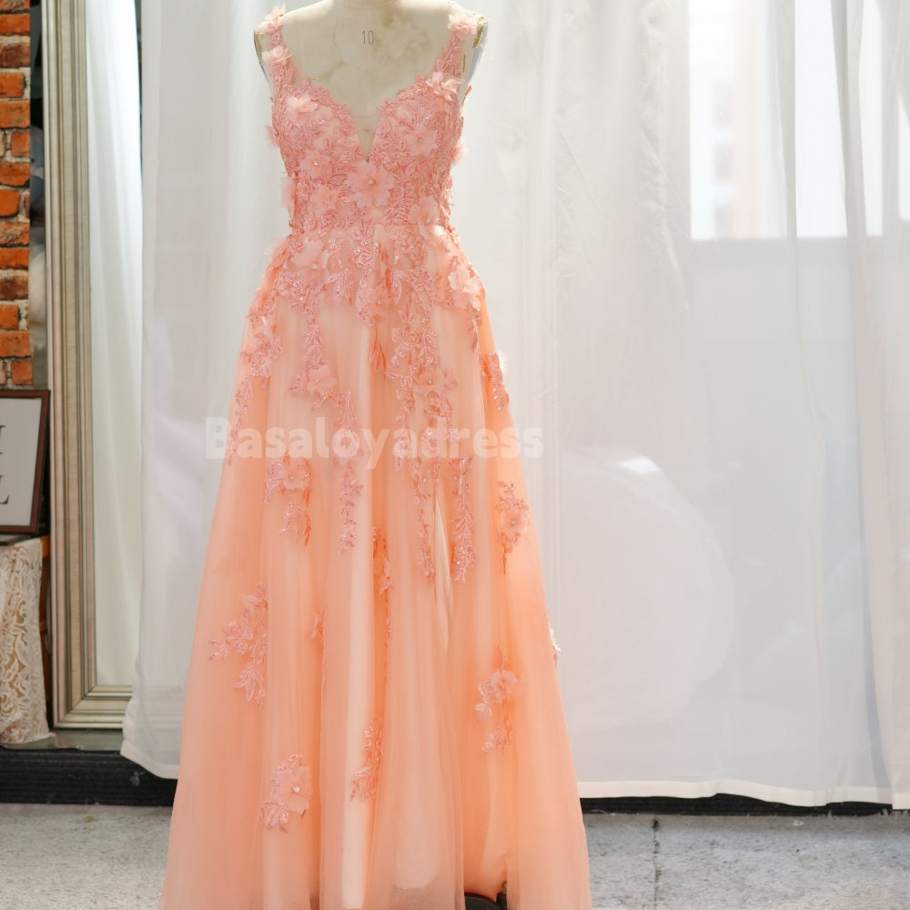 BDES00038 Sparkly A Line V Neck Sequin Lace Applique Prom Dress Long Tulle Bridesmaid Dress with 3D Flowers