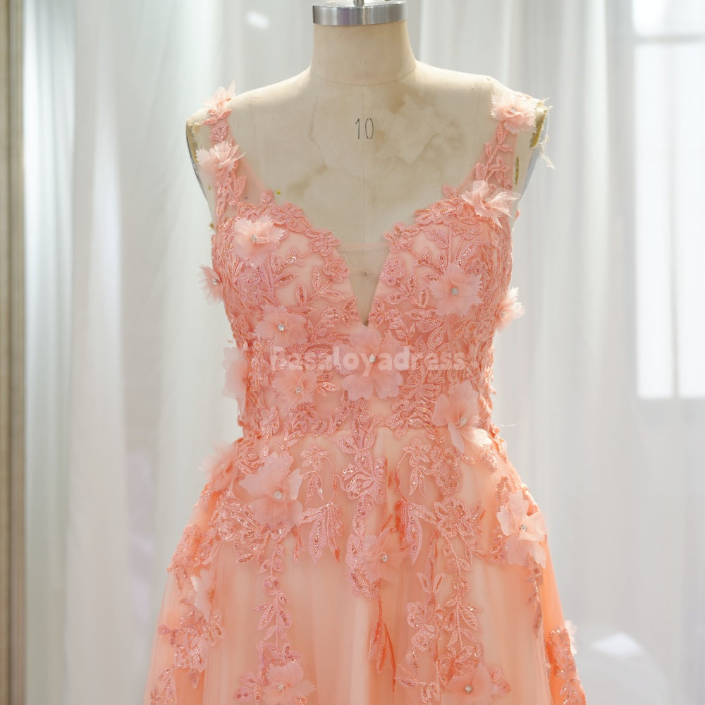 BDES00038 Sparkly A Line V Neck Sequin Lace Applique Prom Dress Long Tulle Bridesmaid Dress with 3D Flowers