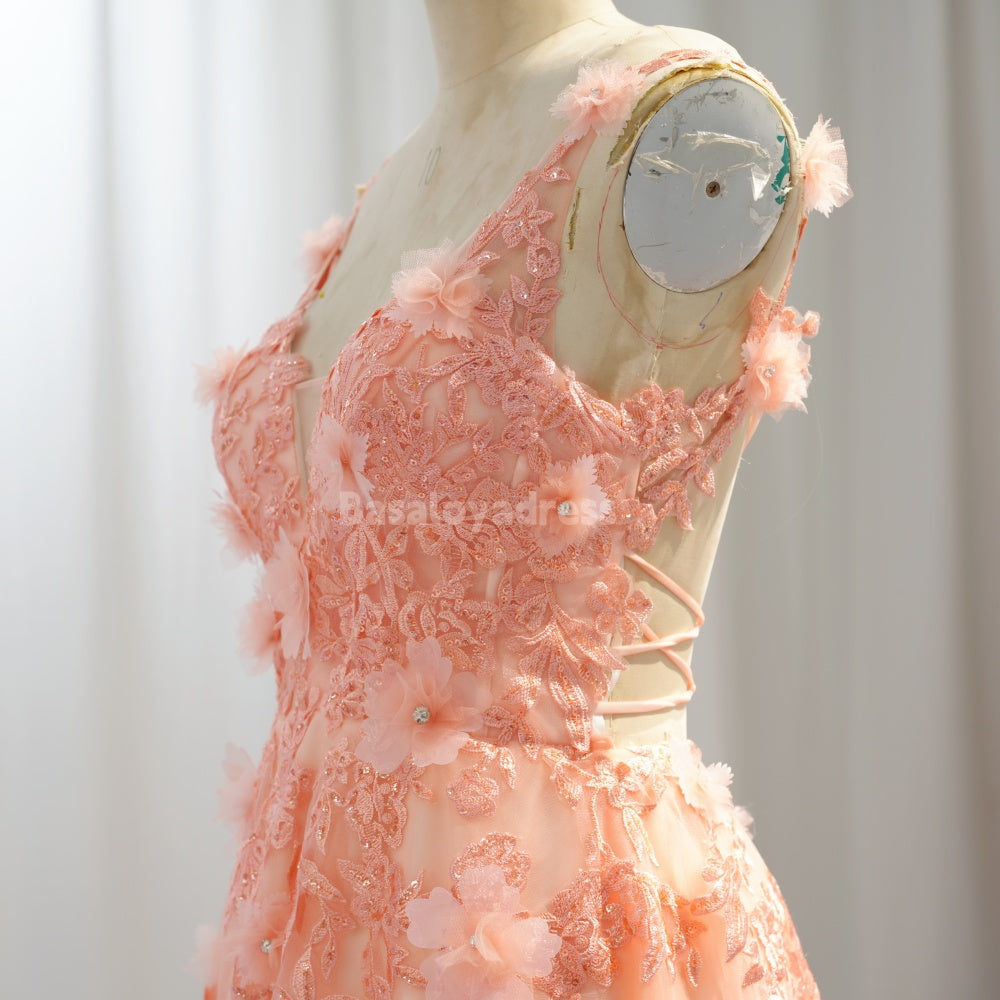 BDES00038 Sparkly A Line V Neck Sequin Lace Applique Prom Dress Long Tulle Bridesmaid Dress with 3D Flowers